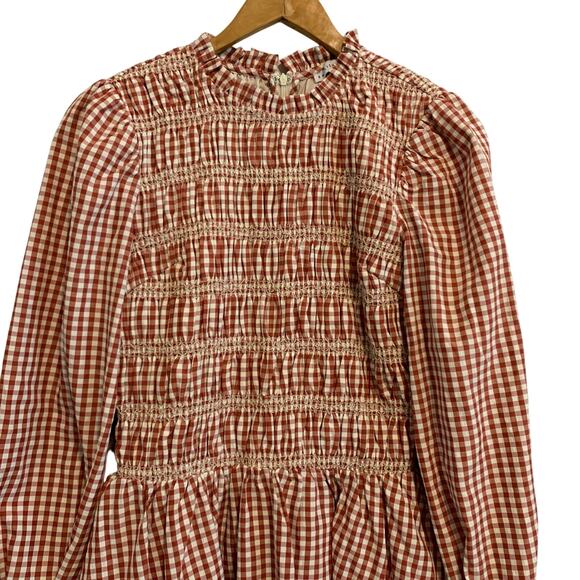 English Factory Burnt Red Long Sleeve Gingham Smocked Mini Dress Size Small - Picture 4 of 8